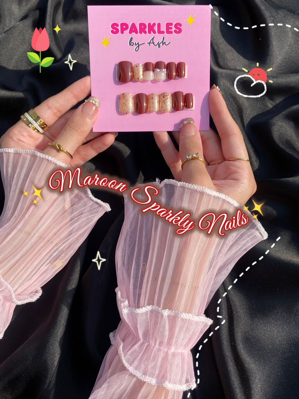 🌷maroon sparkly nails- free application kit