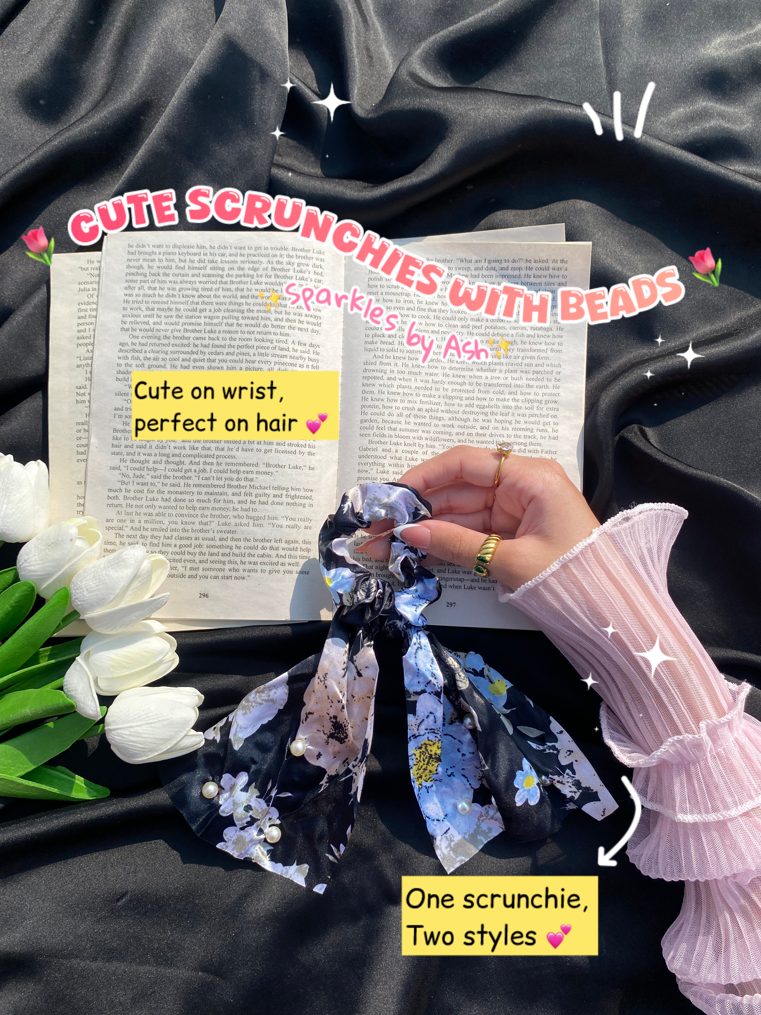 Cute floral Scrunchies with beads 💕