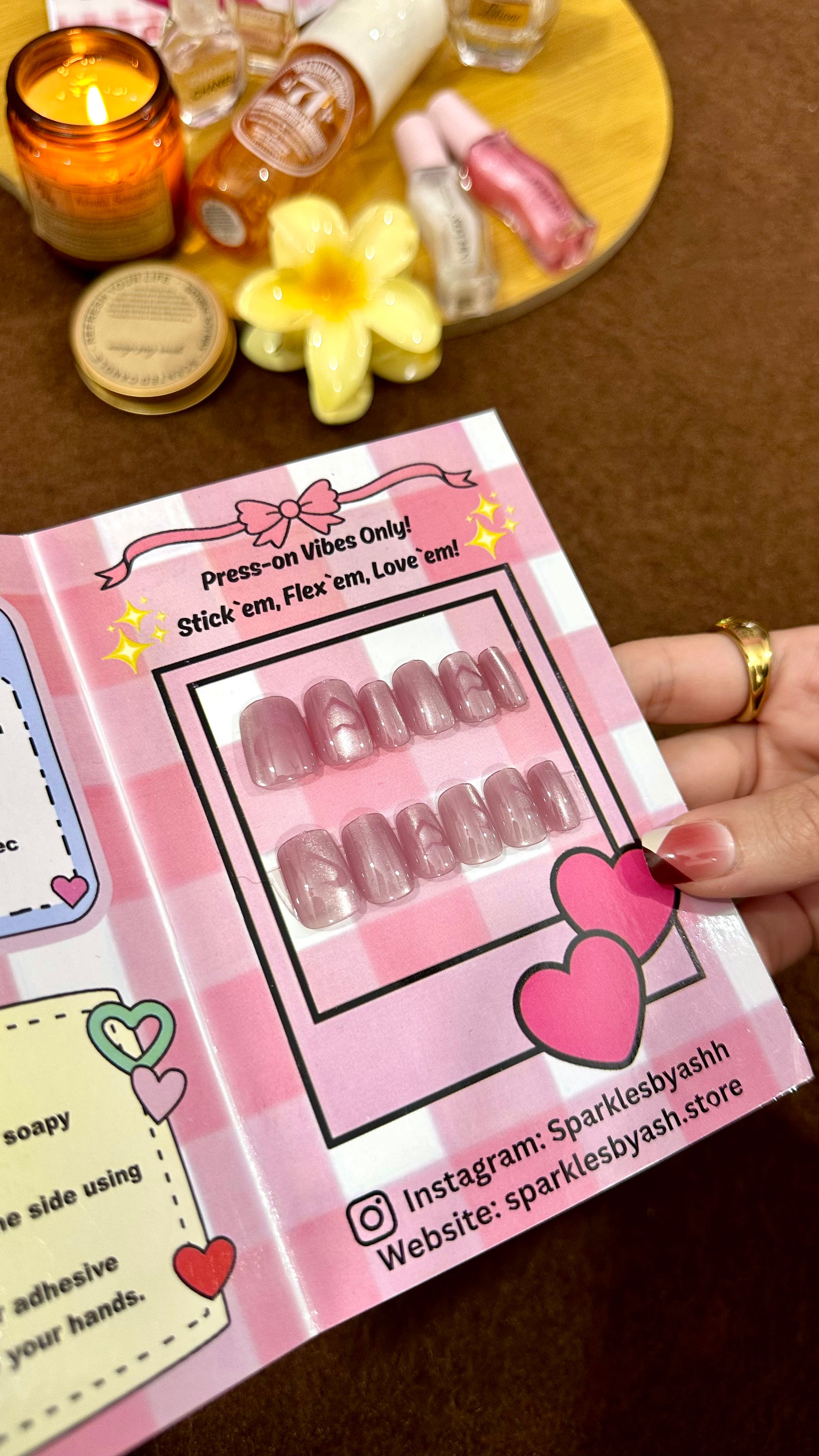 Pink heart cat eye nail set