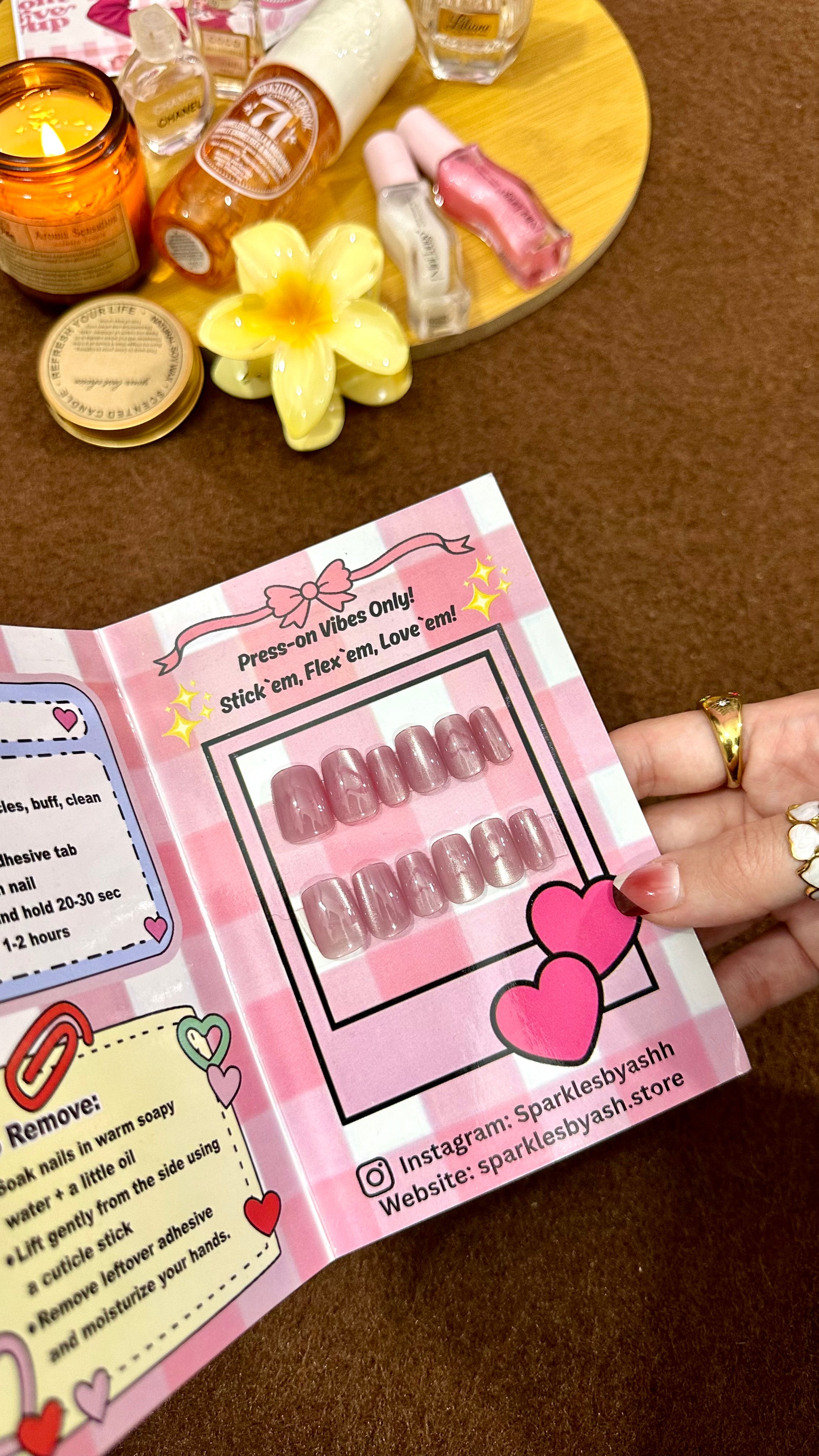 Pink heart cat eye nail set