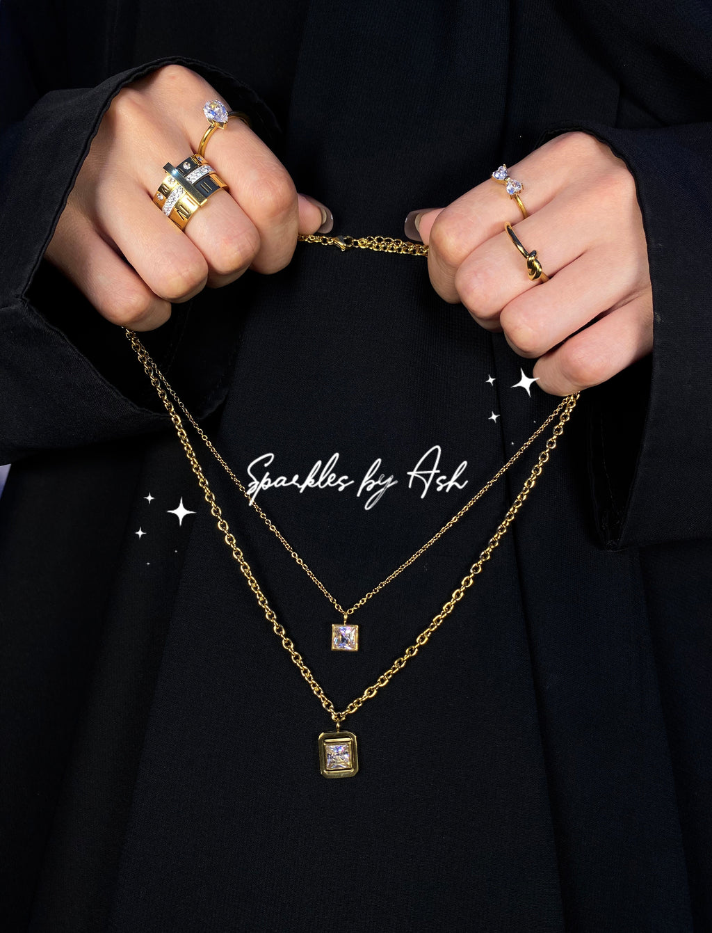 Elegant double chain stone necklace(silver stone💎)