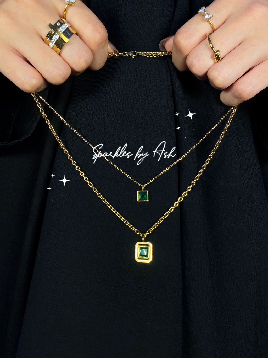 Elegant Double chain stone necklace(dark green☘️)