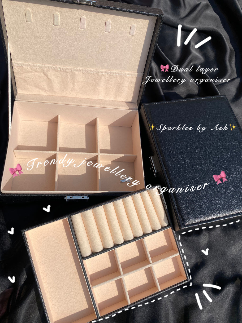 Dual-layer jewellery box with lock 🎀 ( black )