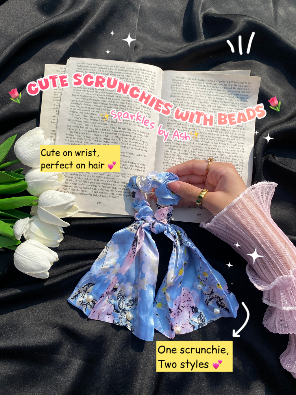 Cute floral Scrunchies with beads 💕