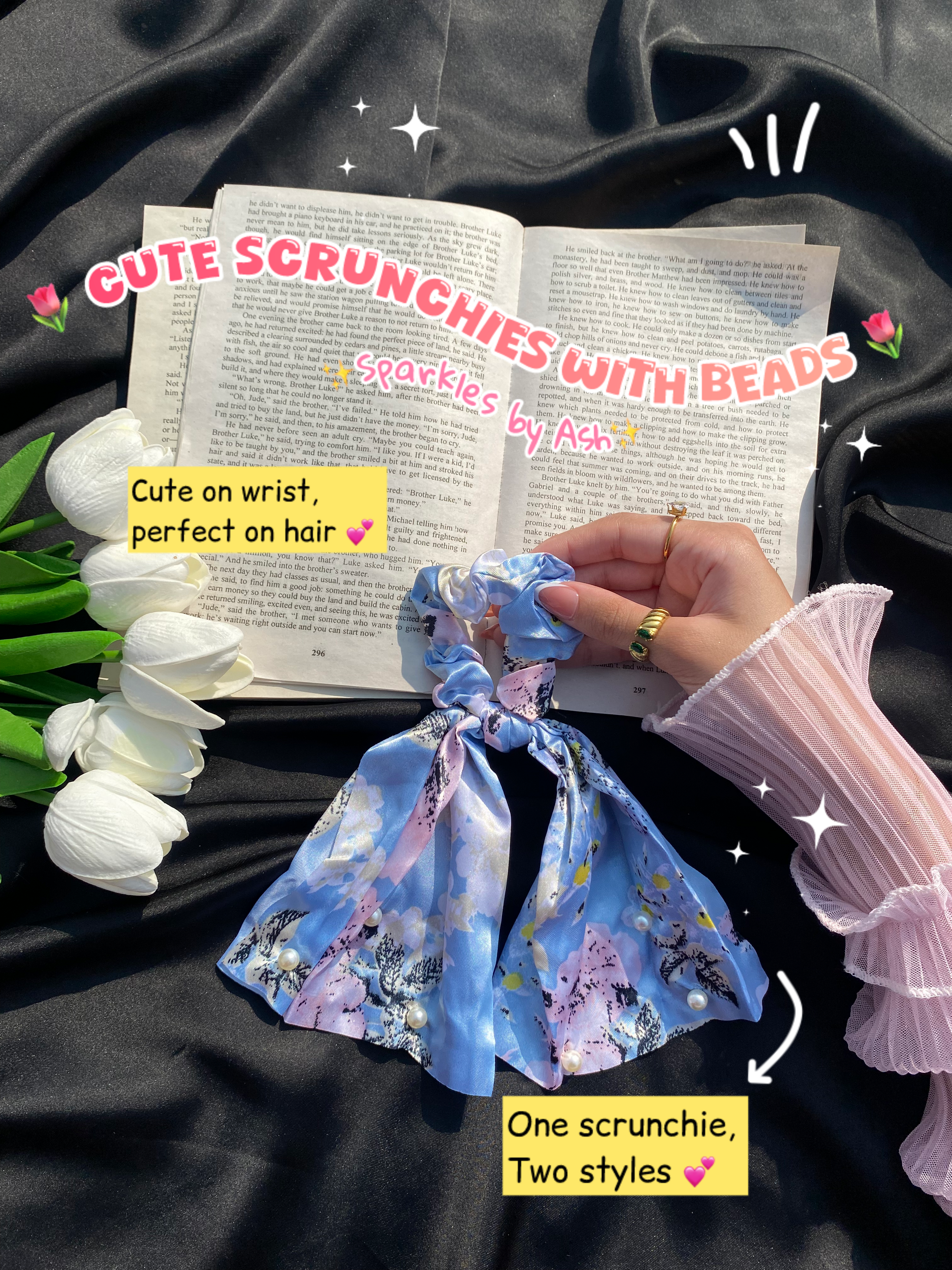 Cute floral Scrunchies with beads 💕