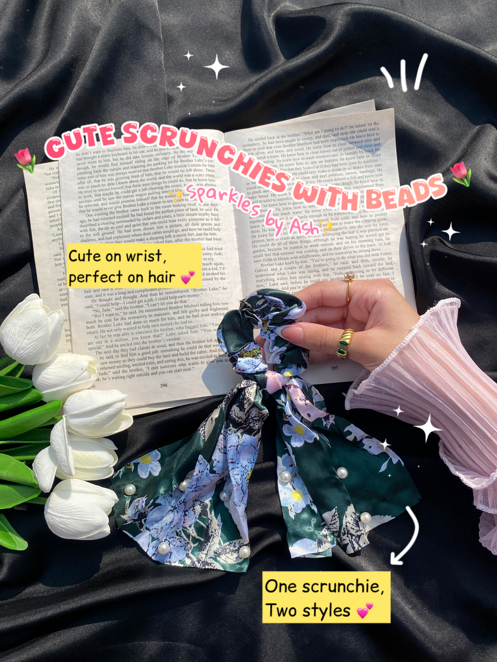 Cute floral Scrunchies with beads 💕