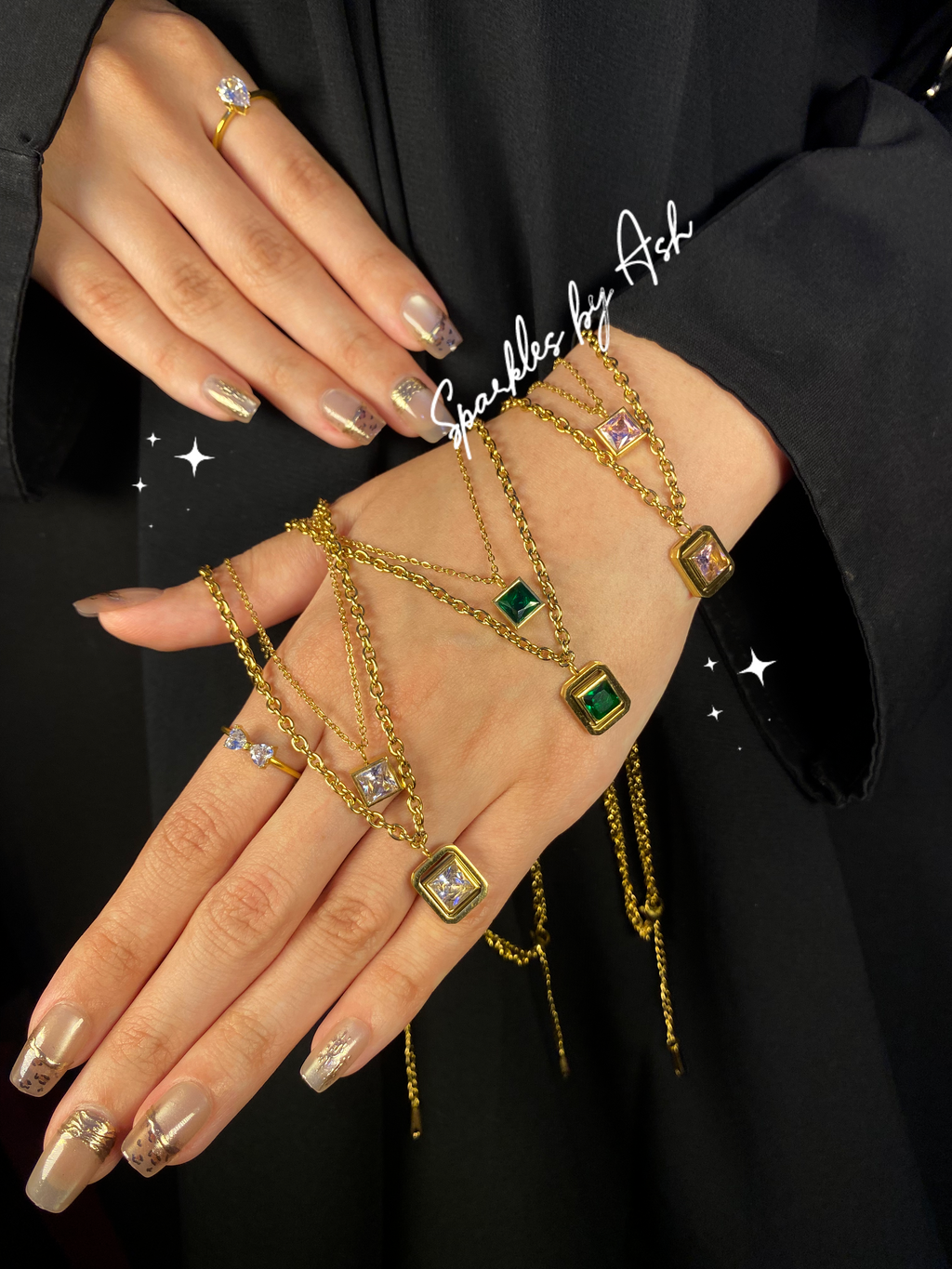 Elegant double chain stone necklace (pink stone💕)