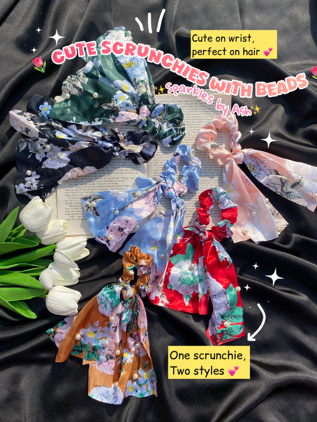 Cute floral Scrunchies with beads 💕