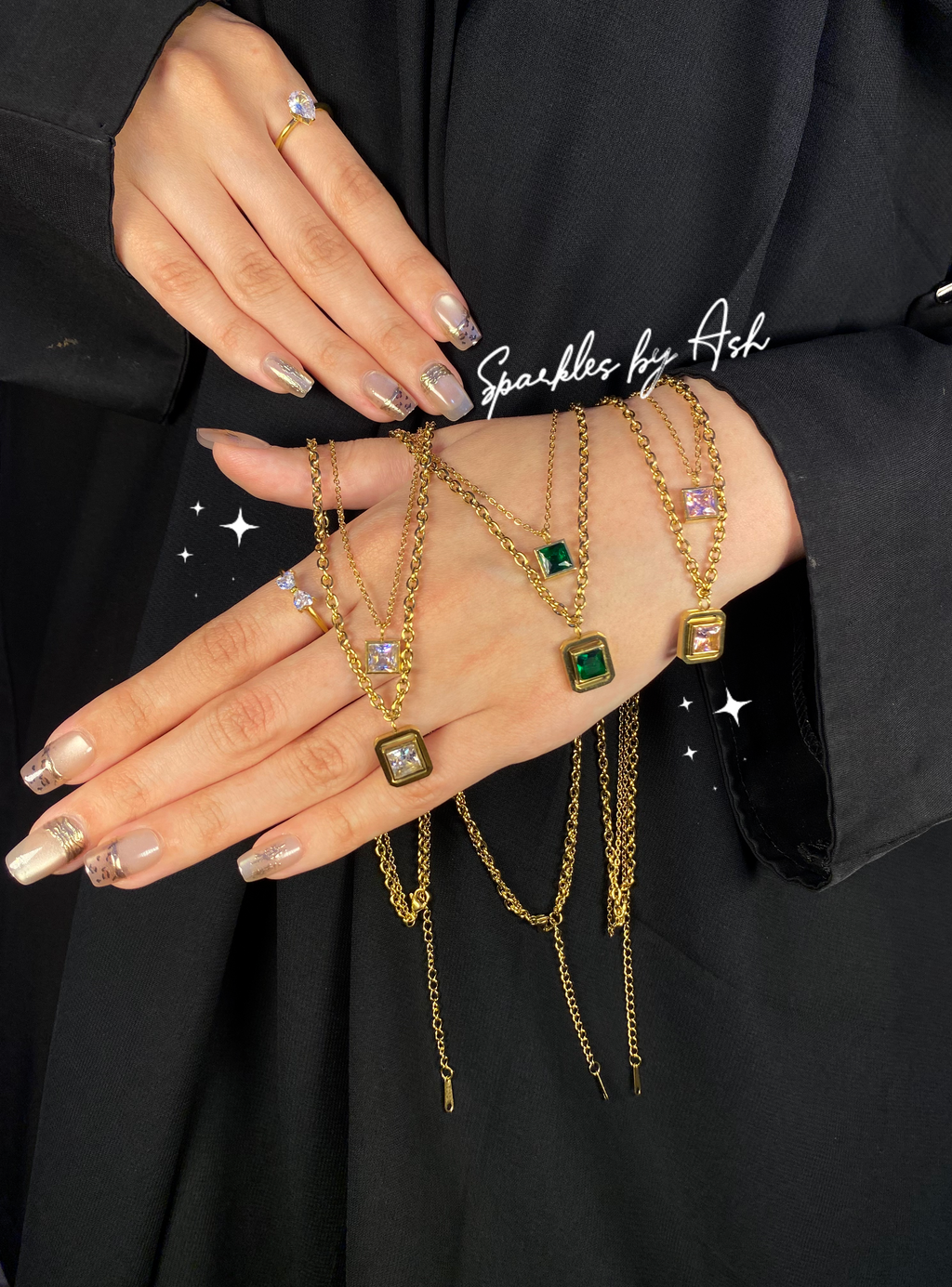 Elegant double chain stone necklace(silver stone💎)