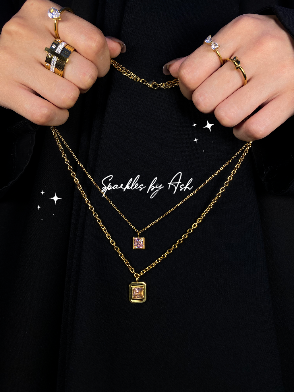 Elegant double chain stone necklace (pink stone💕)